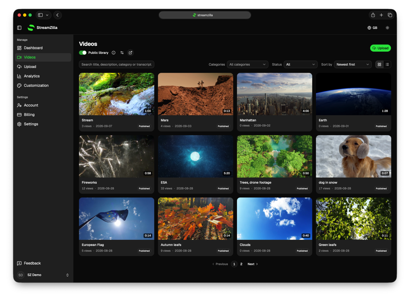Schermafbeelding van het StreamZilla-dashboard
